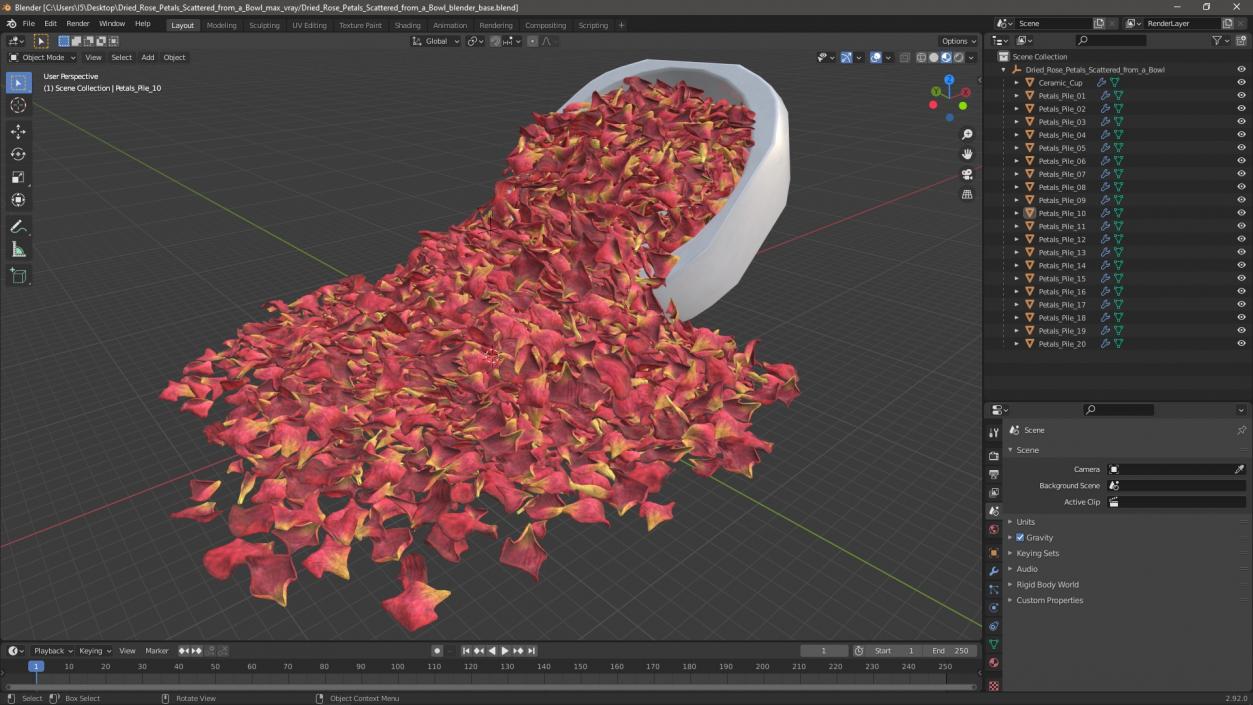 Dried Rose Petals Scattered from a Bowl 3D model