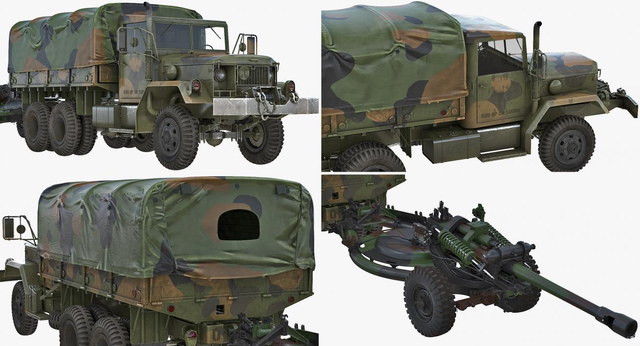 3D US Military Truck m35a2 with Field Howitzer M119 model