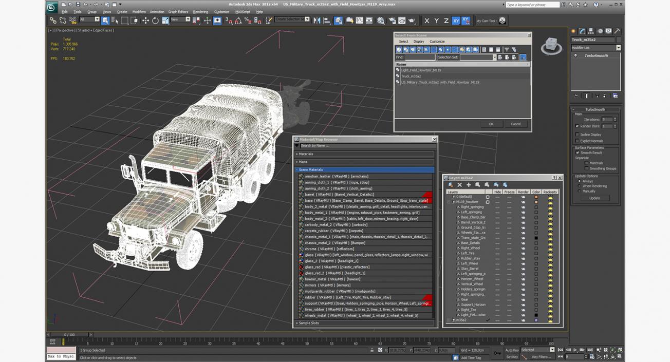 3D US Military Truck m35a2 with Field Howitzer M119 model