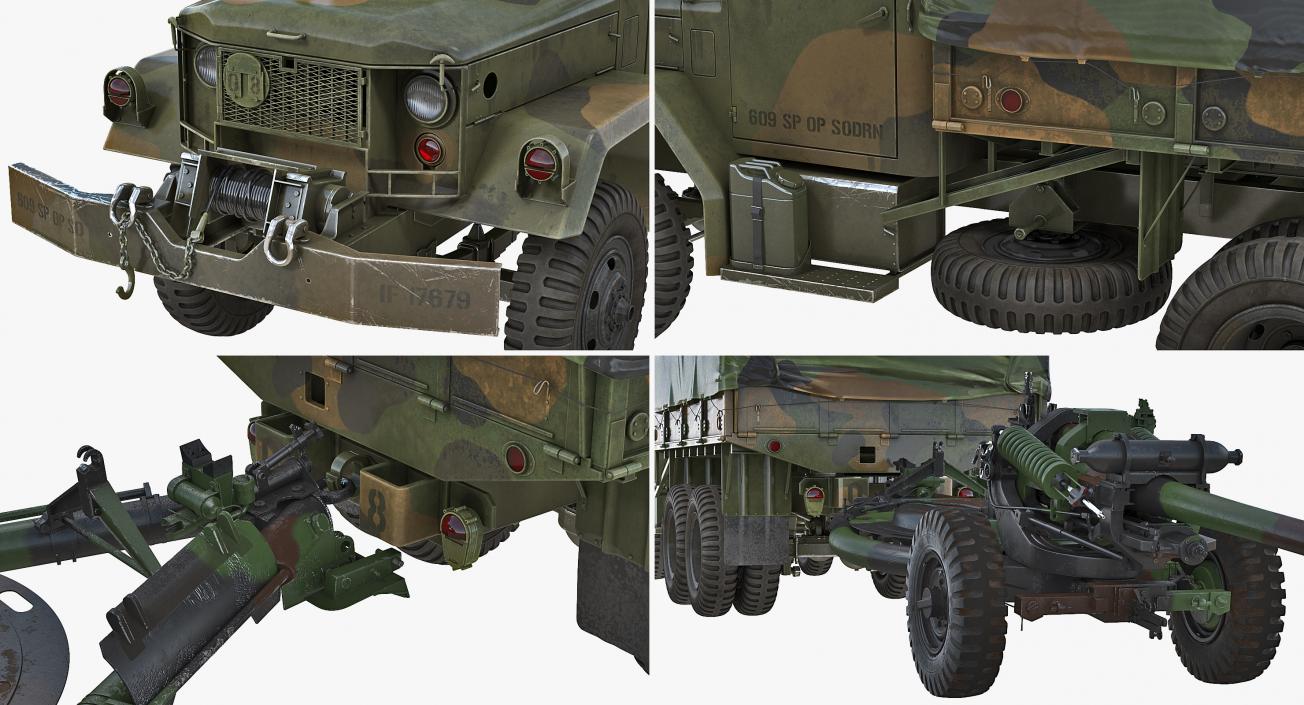 3D US Military Truck m35a2 with Field Howitzer M119 model