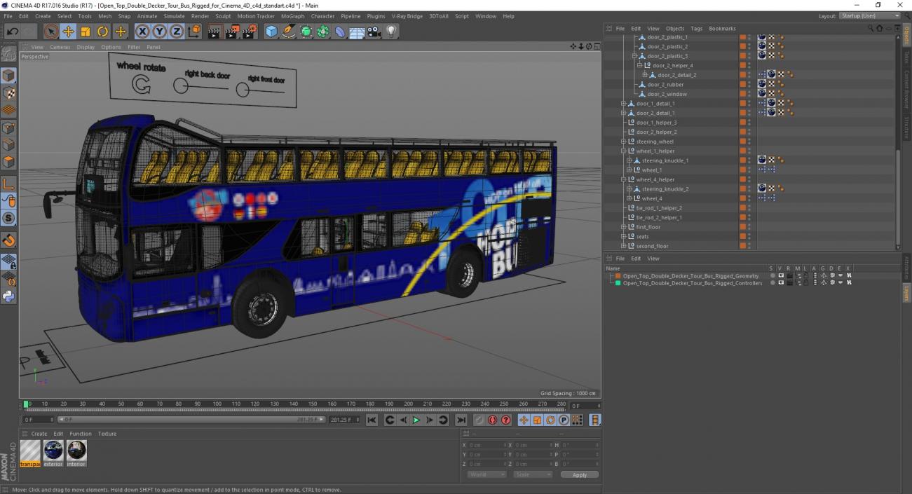 Open Top Double Decker Tour Bus Rigged for Cinema 4D 3D