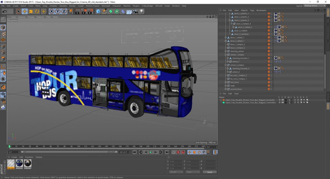 Open Top Double Decker Tour Bus Rigged for Cinema 4D 3D