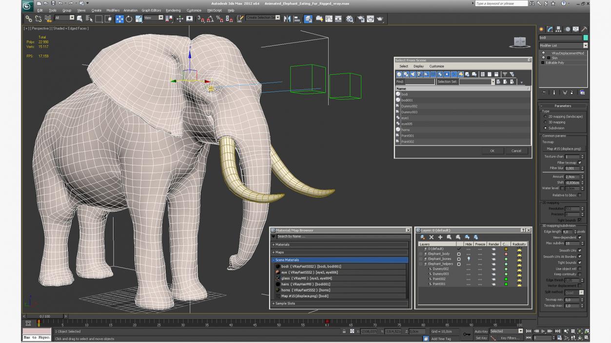 3D model Animated Elephant Eating Fur Rigged