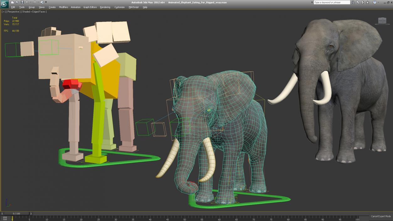 3D model Animated Elephant Eating Fur Rigged