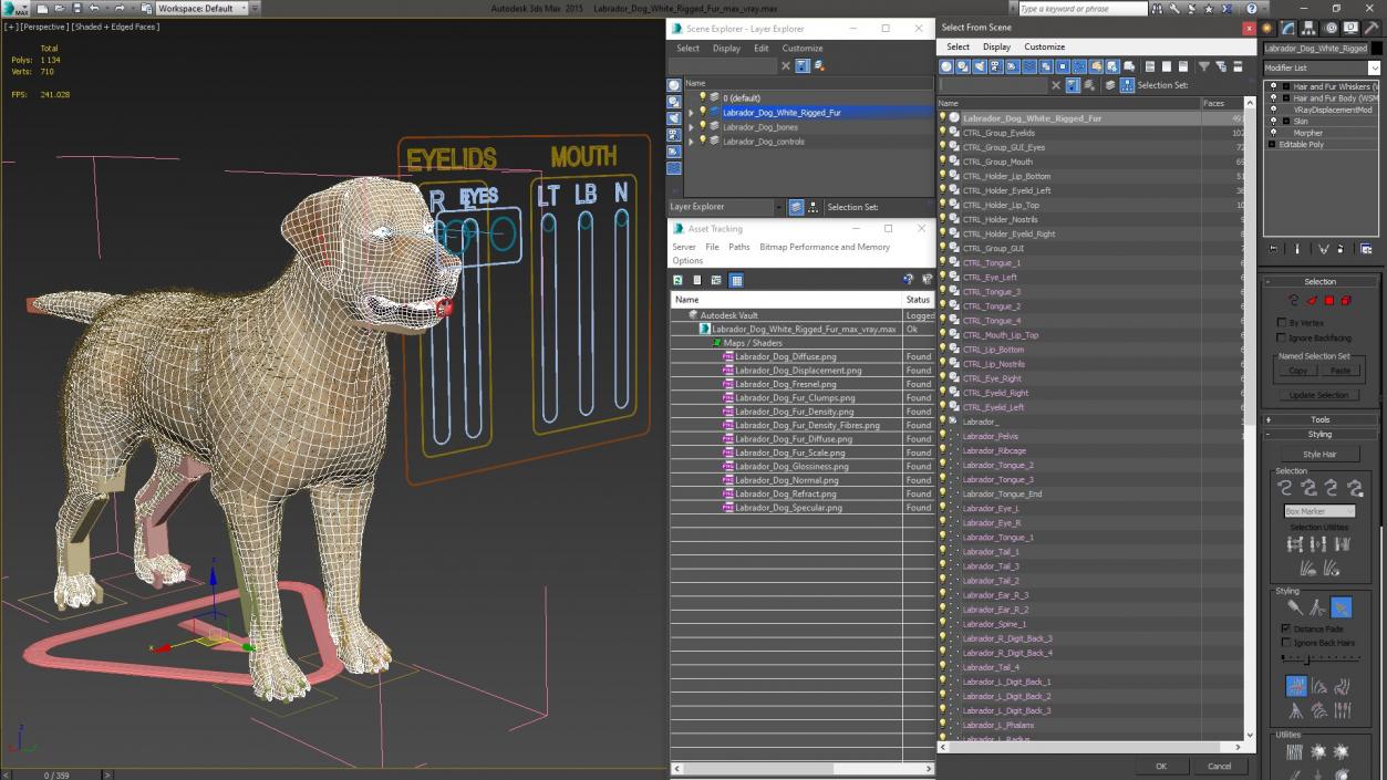 Labrador Dog White Rigged Fur 3D model