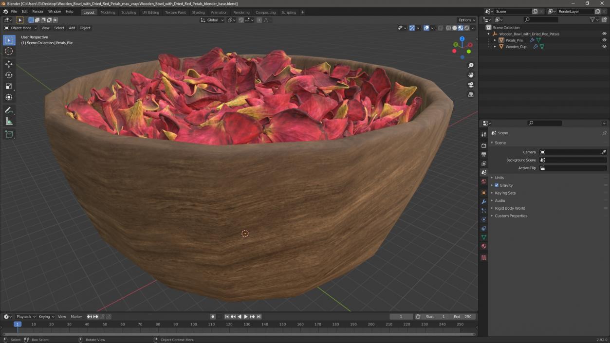 3D Wooden Bowl with Dried Red Petals model