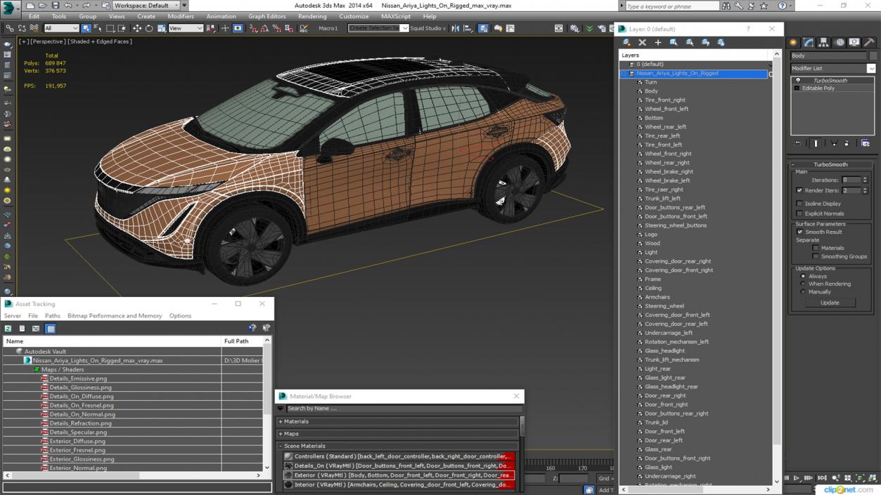 3D Nissan Ariya Lights On Rigged for Maya model