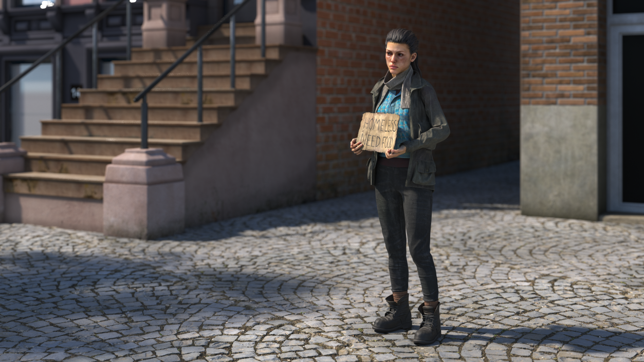 3D Homeless Woman with a Cardboard Sign