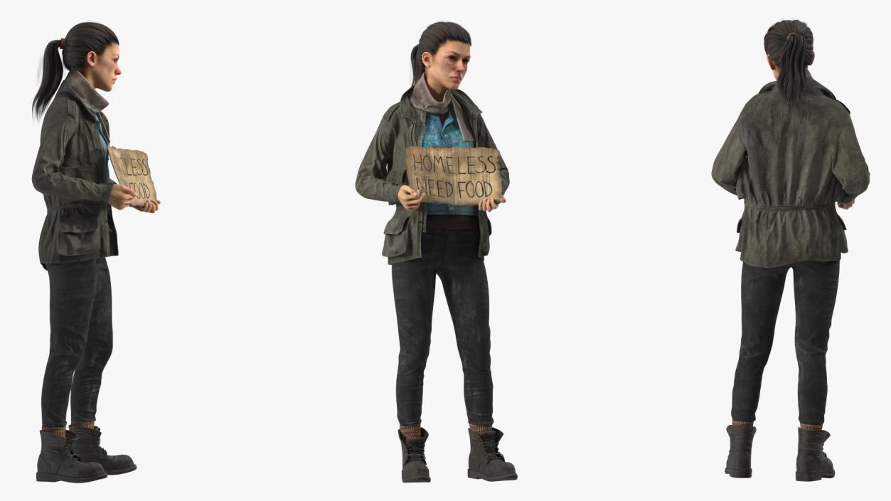 3D Homeless Woman with a Cardboard Sign