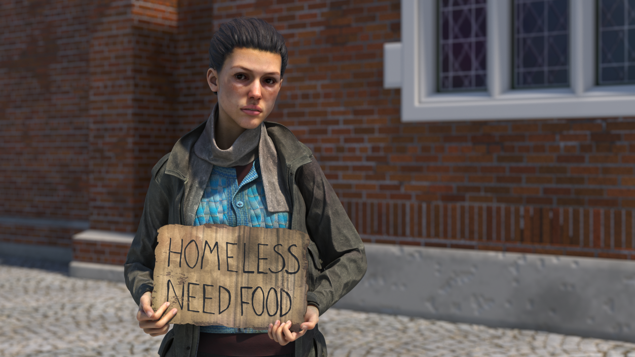 3D Homeless Woman with a Cardboard Sign