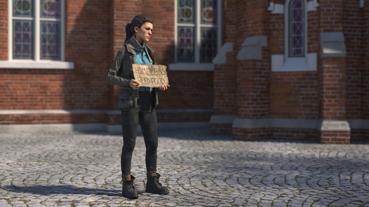 3D Homeless Woman with a Cardboard Sign