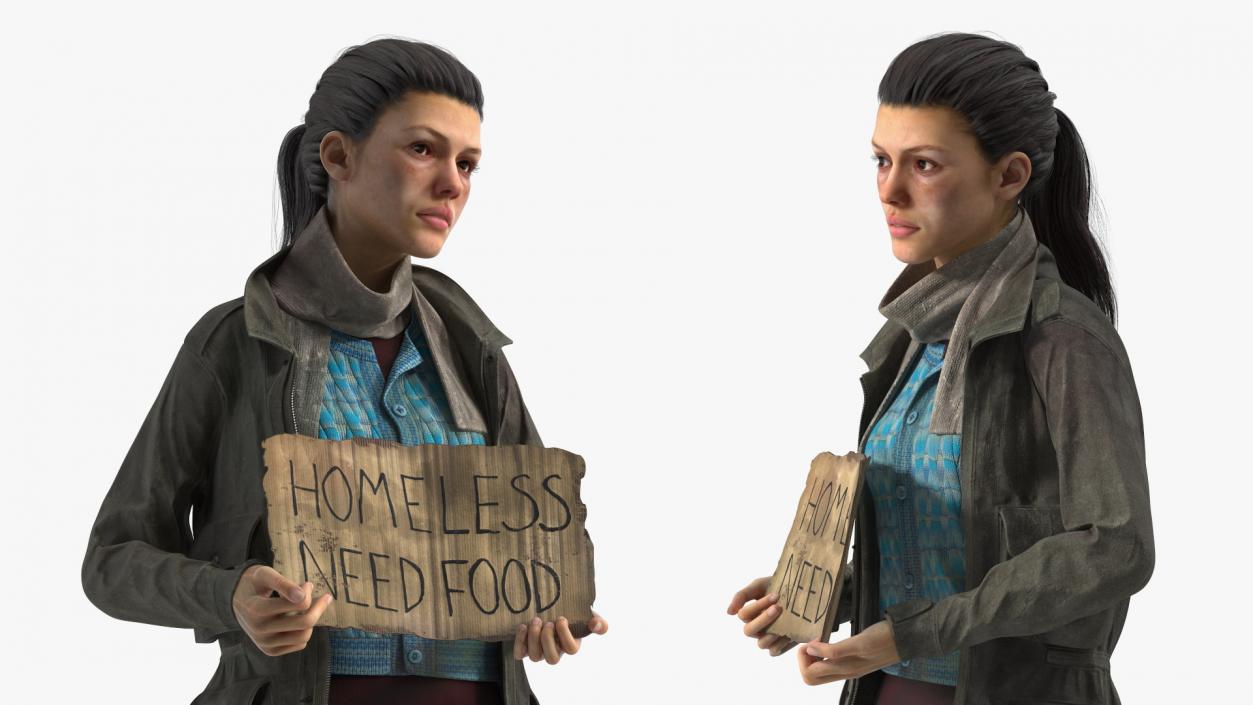 3D Homeless Woman with a Cardboard Sign