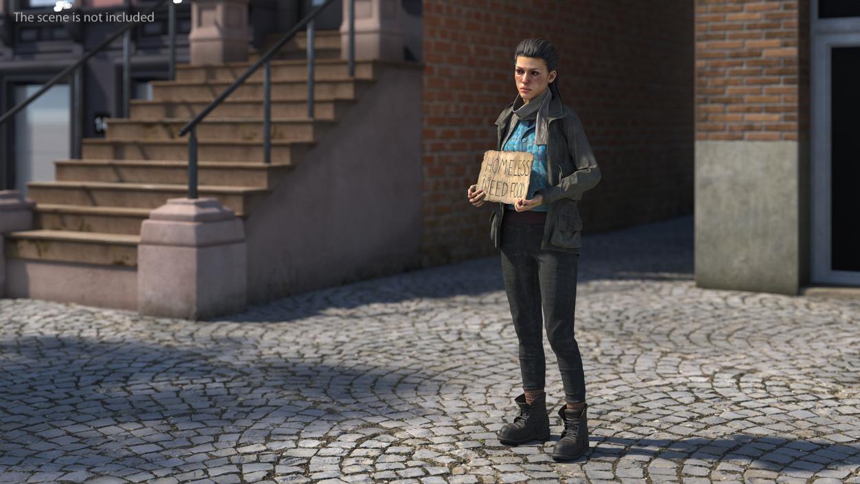 3D Homeless Woman with a Cardboard Sign