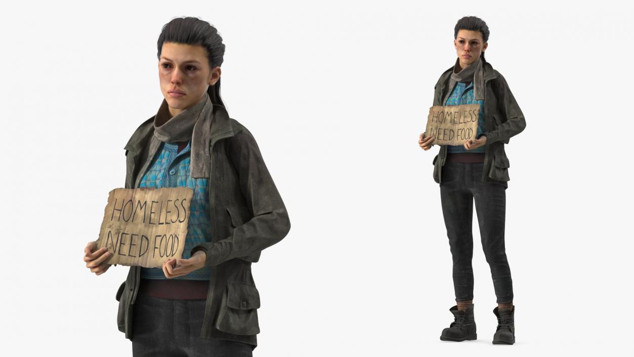 3D Homeless Woman with a Cardboard Sign