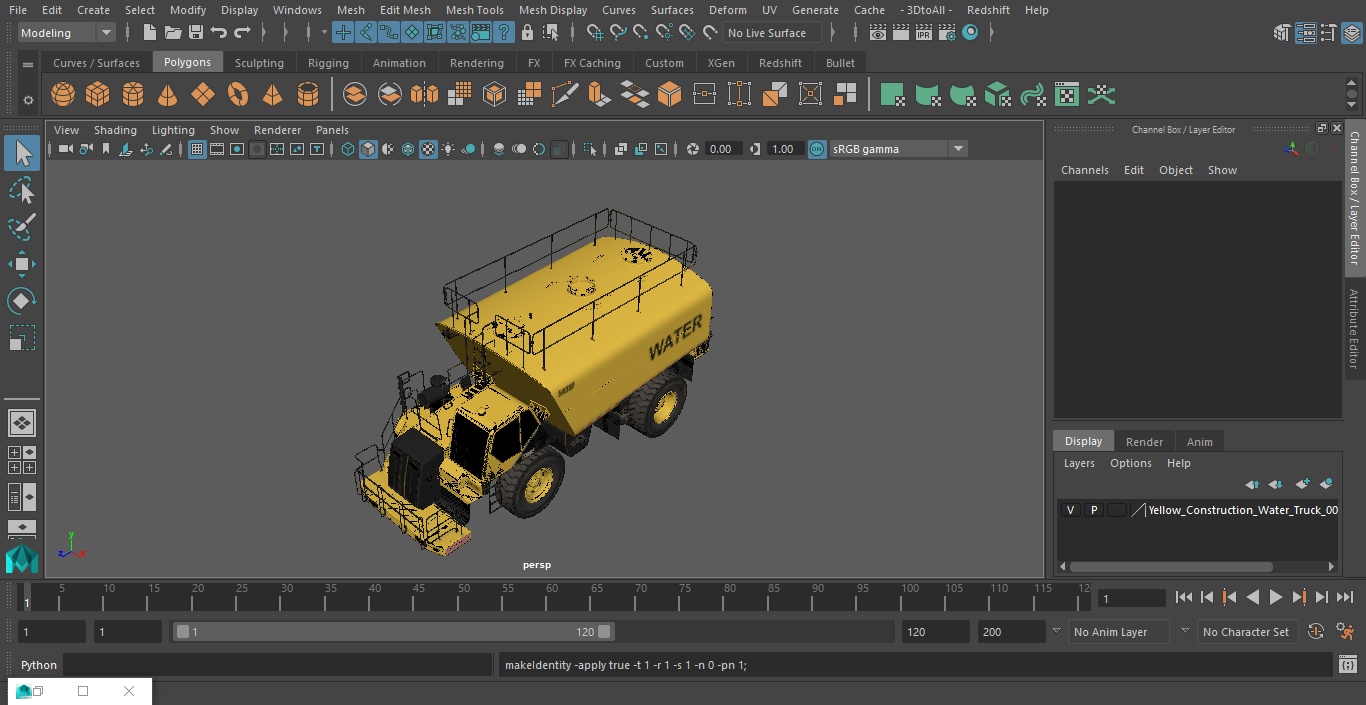 3D Yellow Construction Water Truck