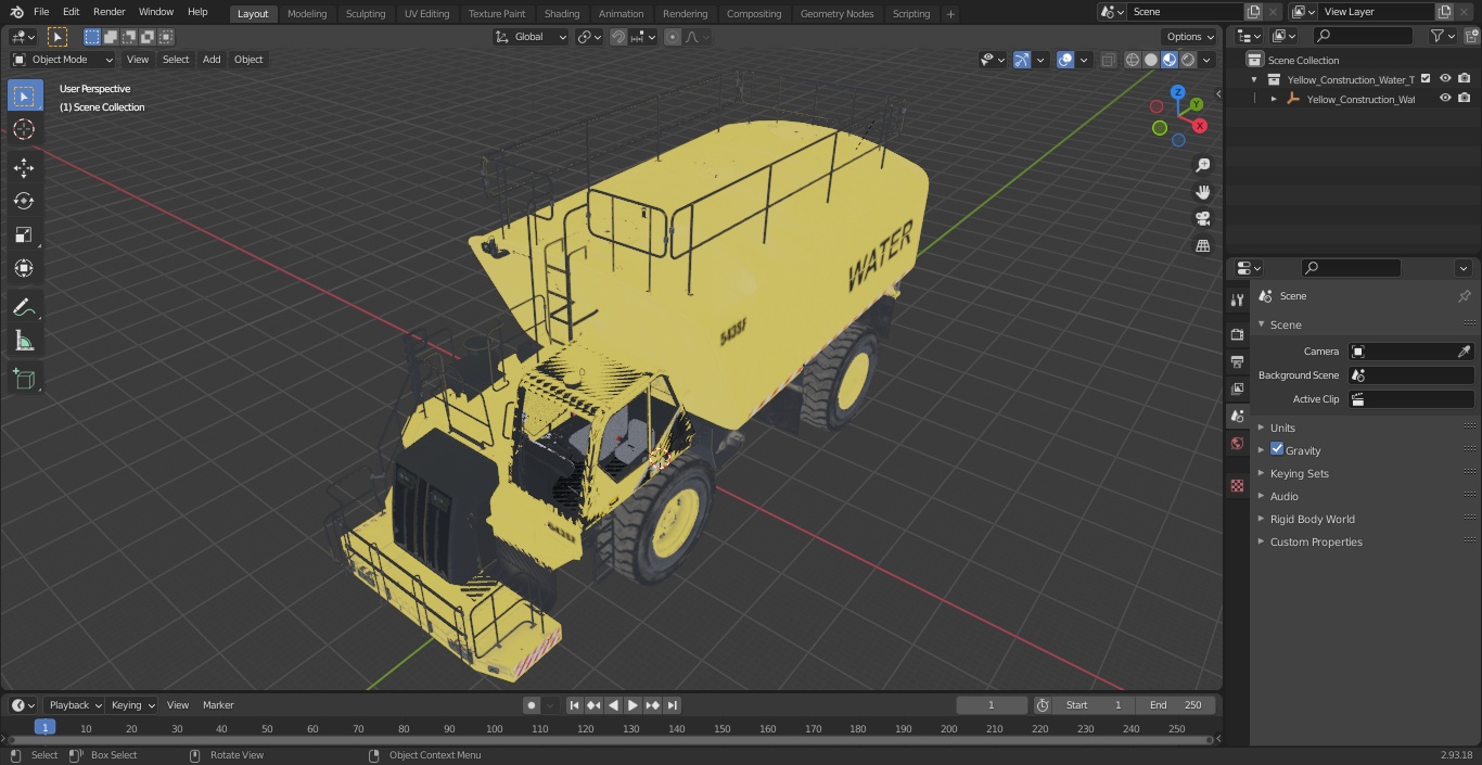 3D Yellow Construction Water Truck