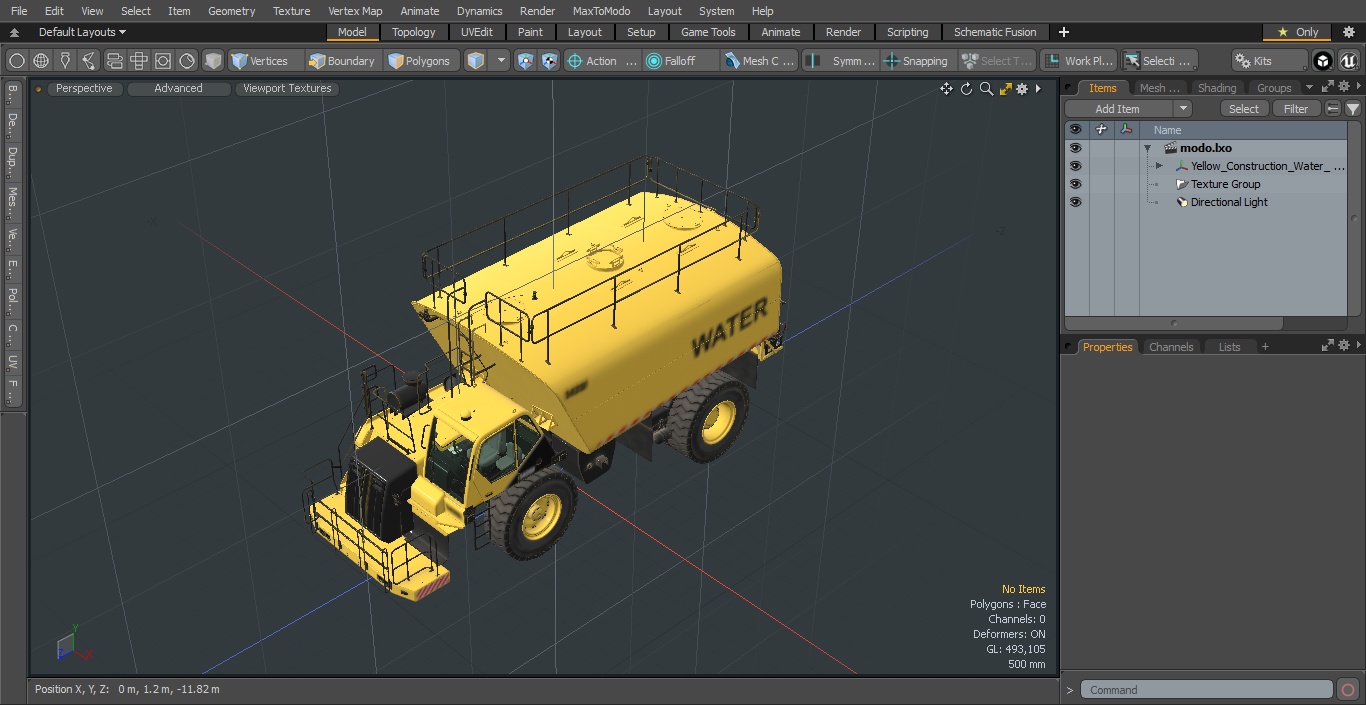 3D Yellow Construction Water Truck