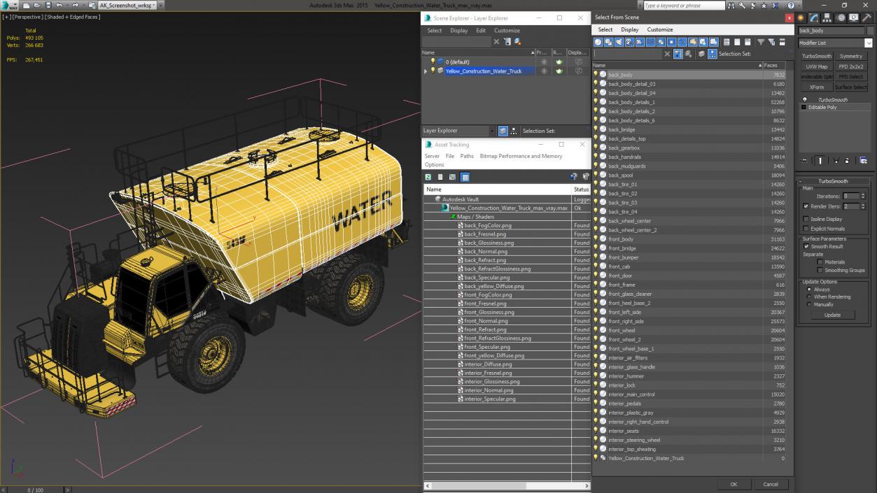 3D Yellow Construction Water Truck