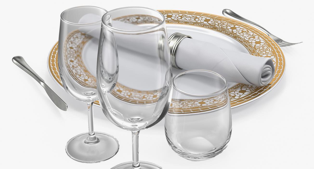 3D Empty Plate Glasses And Silverware Set model