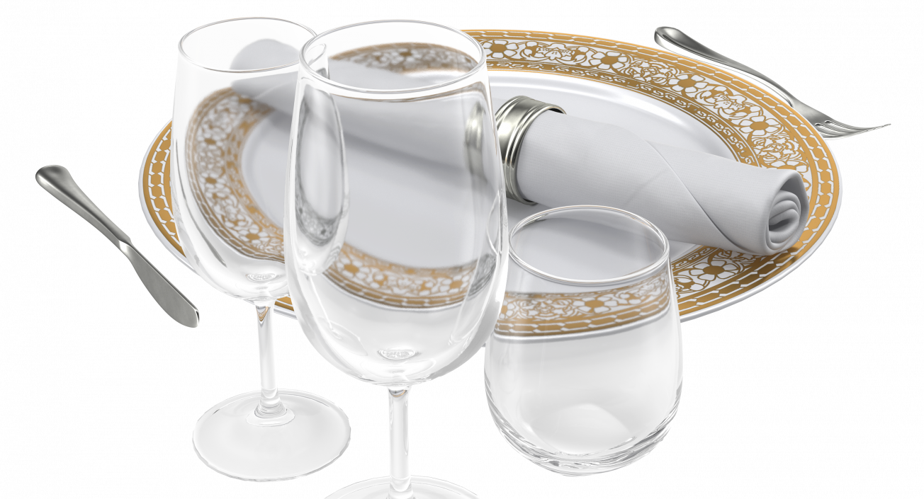 3D Empty Plate Glasses And Silverware Set model