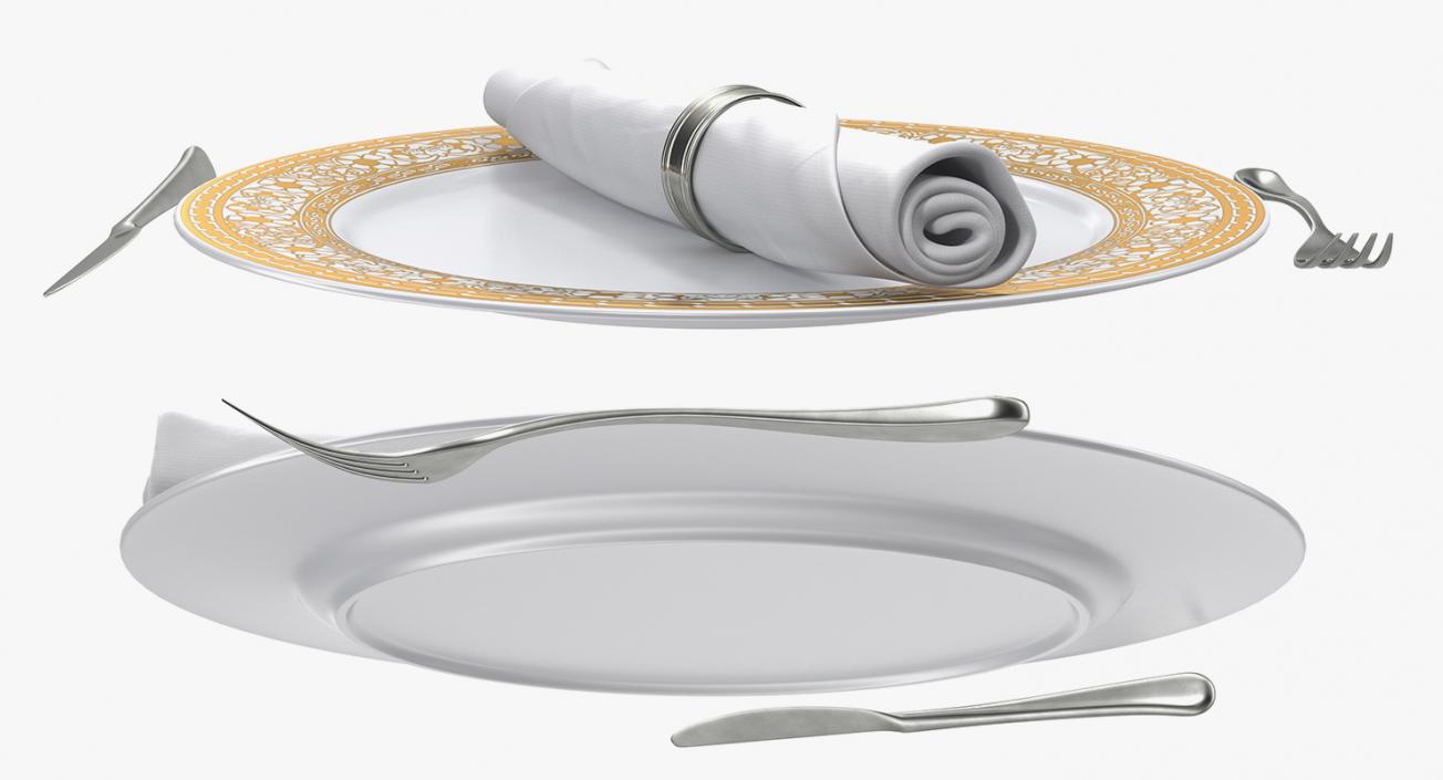 3D Empty Plate Glasses And Silverware Set model