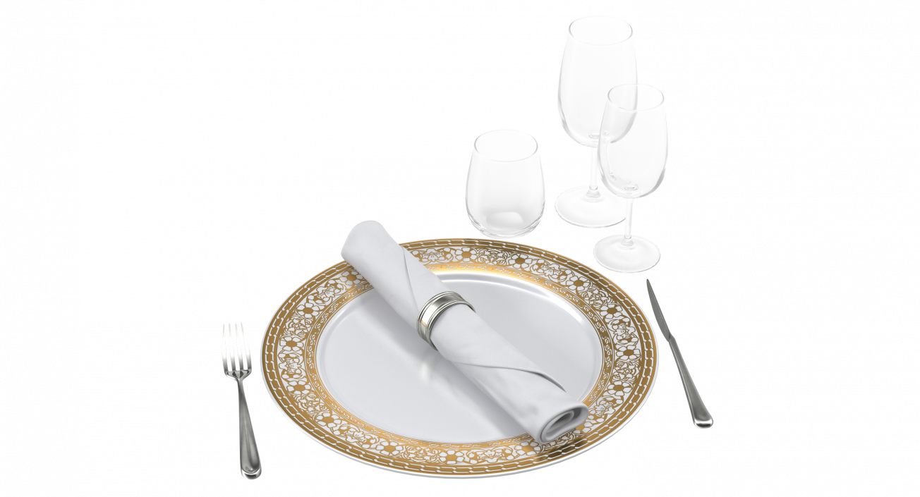 3D Empty Plate Glasses And Silverware Set model