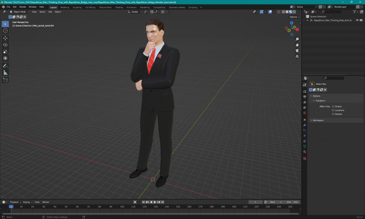 3D model Republican Man Thinking Pose with Republican Badge