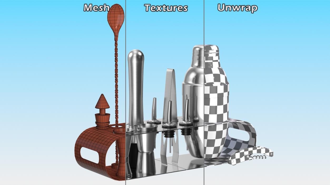 3D Bartender Kit 12 Piece Stainless Steel model