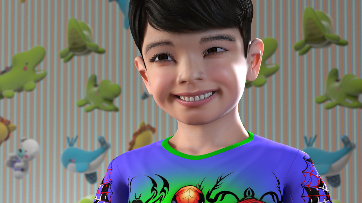 3D Asian Child Boy in Spiderman T-shirt