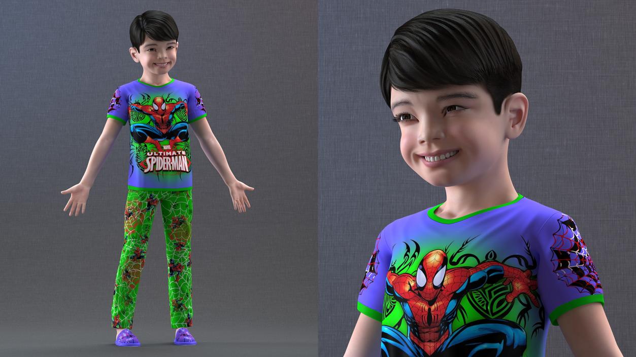 3D Asian Child Boy in Spiderman T-shirt