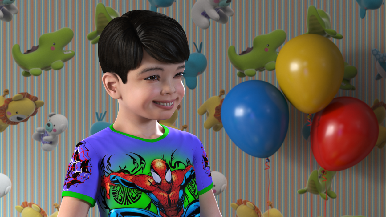 3D Asian Child Boy in Spiderman T-shirt