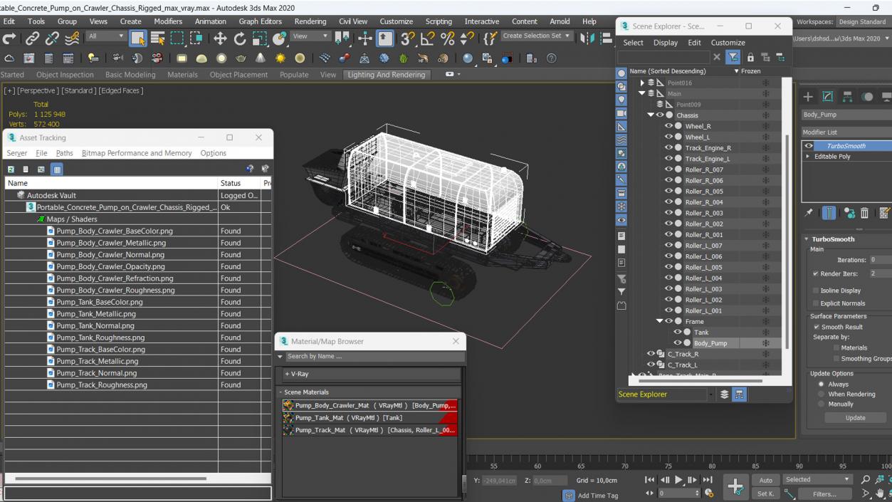 3D Portable Concrete Pump on Crawler Chassis Rigged model