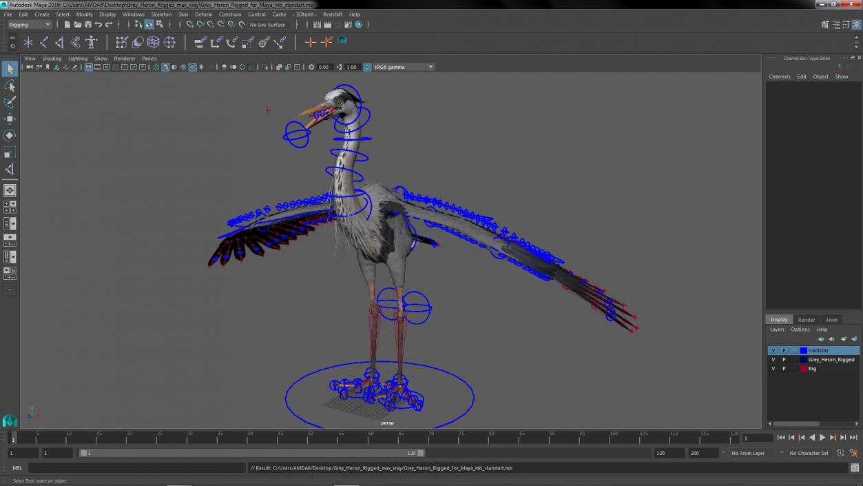 3D Grey Heron Rigged for Maya