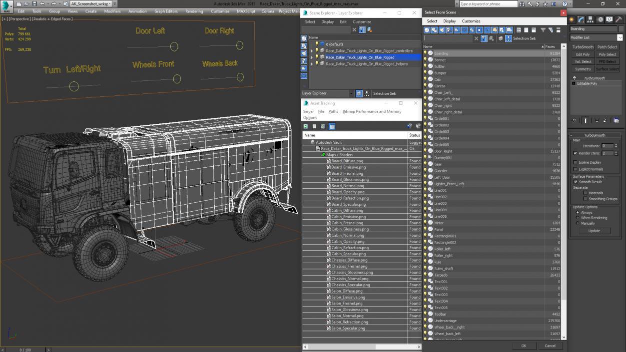 3D Race Dakar Truck Lights On Blue Rigged model