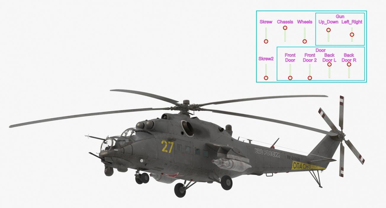 3D Russian Large Helicopter Gunship Mi-35M Hind Rigged