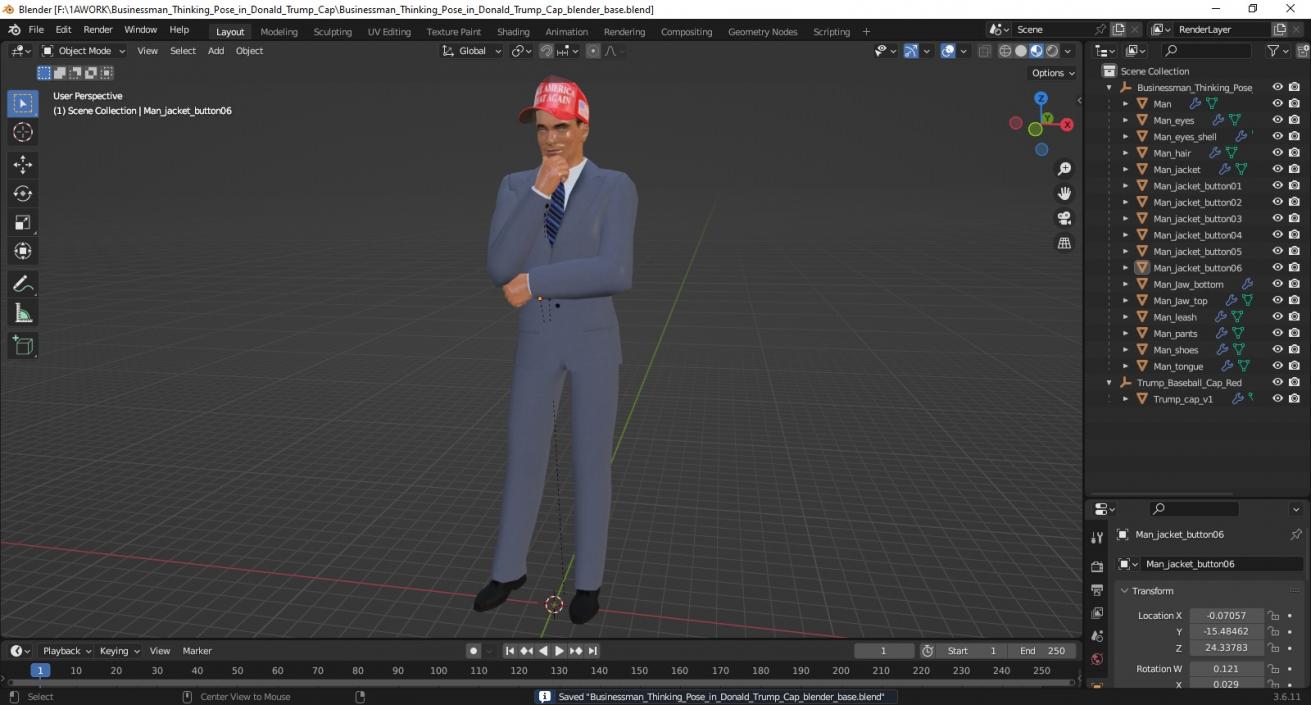 3D model Businessman Thinking Pose in Donald Trump Cap