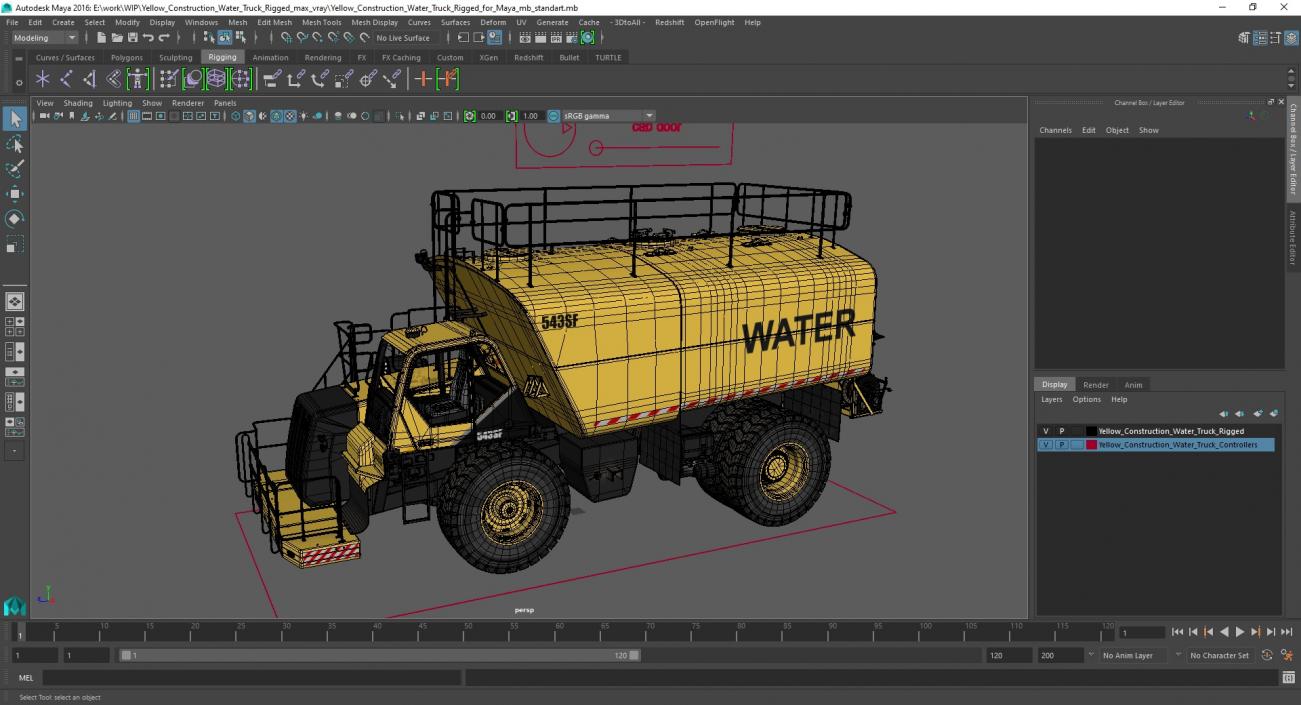 Yellow Construction Water Truck Rigged for Maya 3D