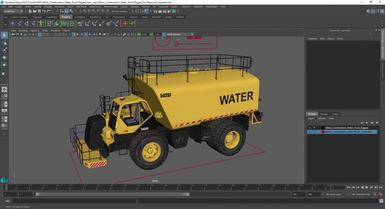 Yellow Construction Water Truck Rigged for Maya 3D