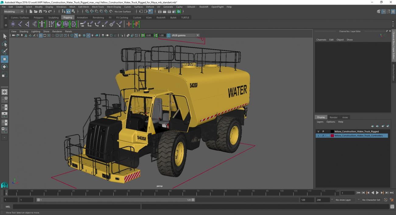 Yellow Construction Water Truck Rigged for Maya 3D