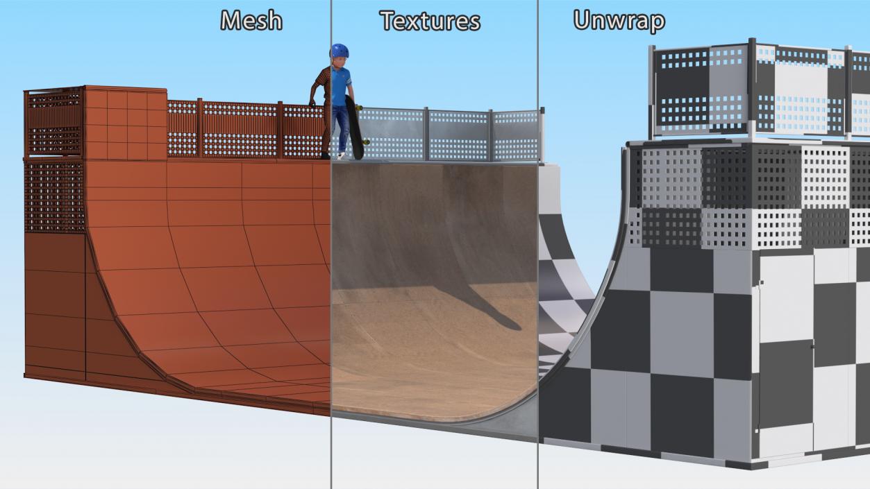 3D Skatepark Ramp and Skateboarder