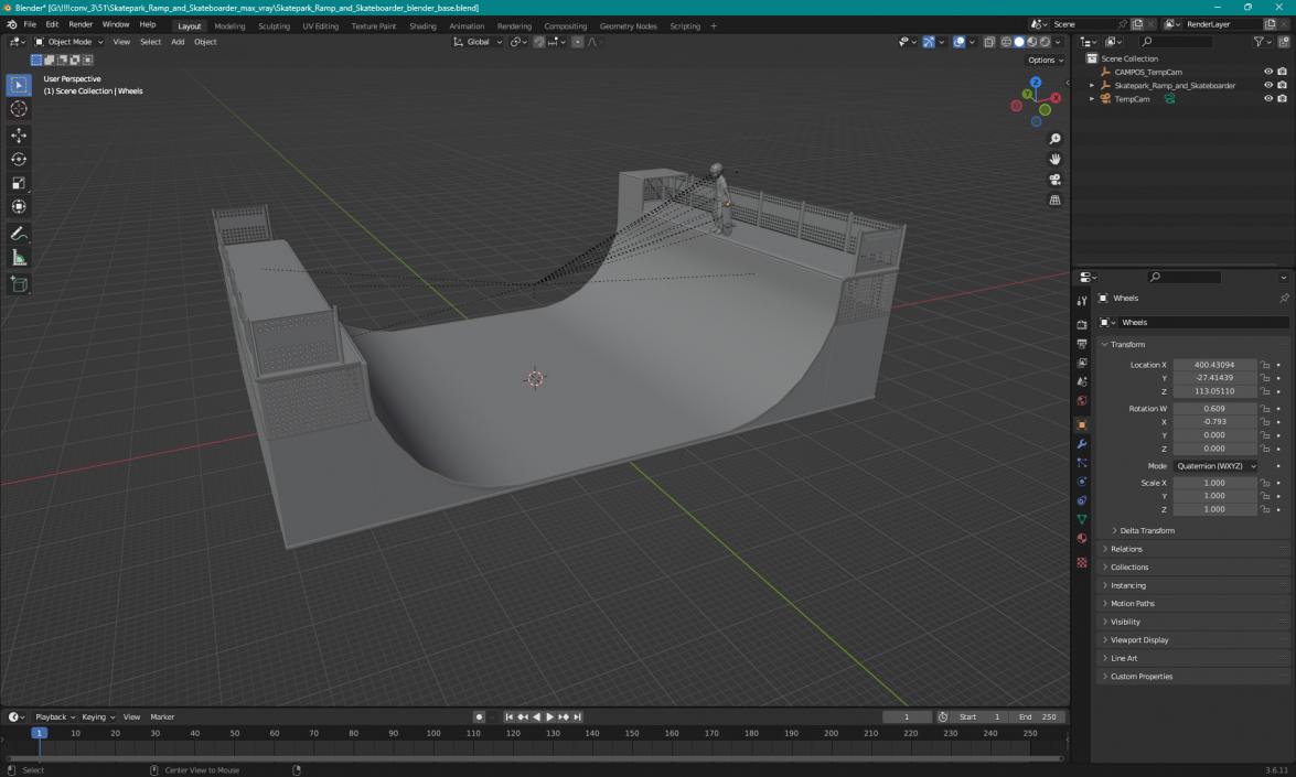 3D Skatepark Ramp and Skateboarder