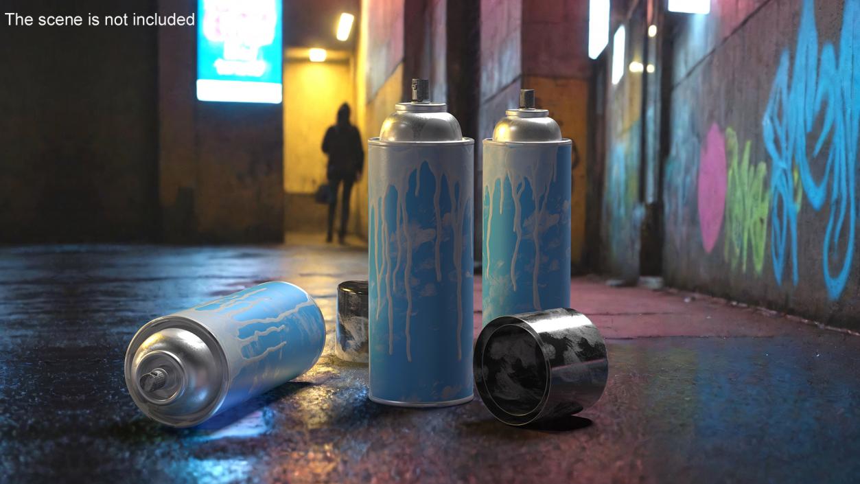 3D Used Cans of Spray Paint Blue 2