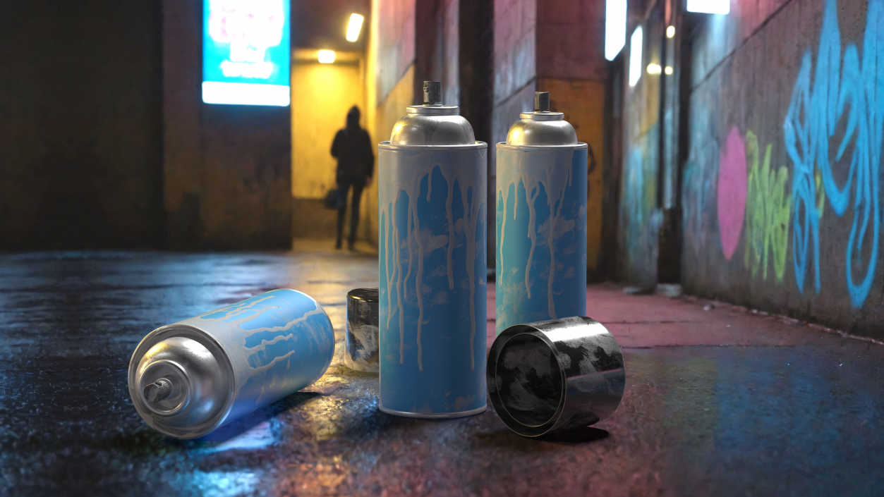 3D Used Cans of Spray Paint Blue 2