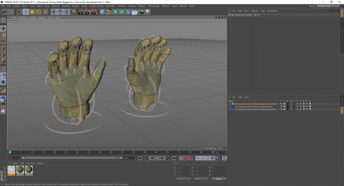 Shockproof Gloves Khaki Rigged for Cinema 4D 3D model