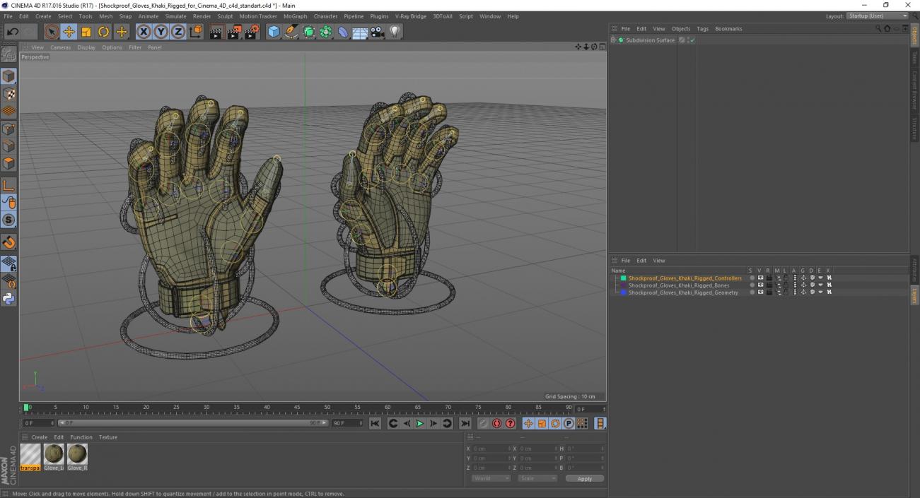 Shockproof Gloves Khaki Rigged for Cinema 4D 3D model