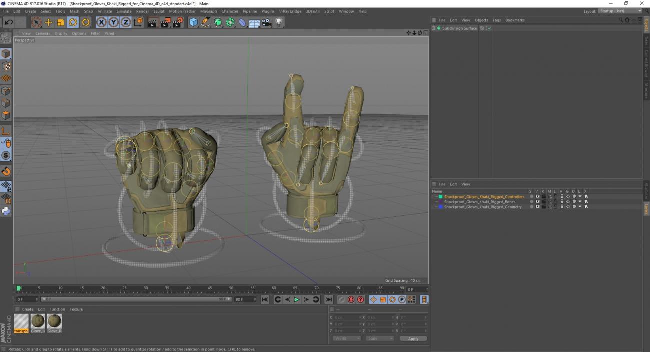 Shockproof Gloves Khaki Rigged for Cinema 4D 3D model