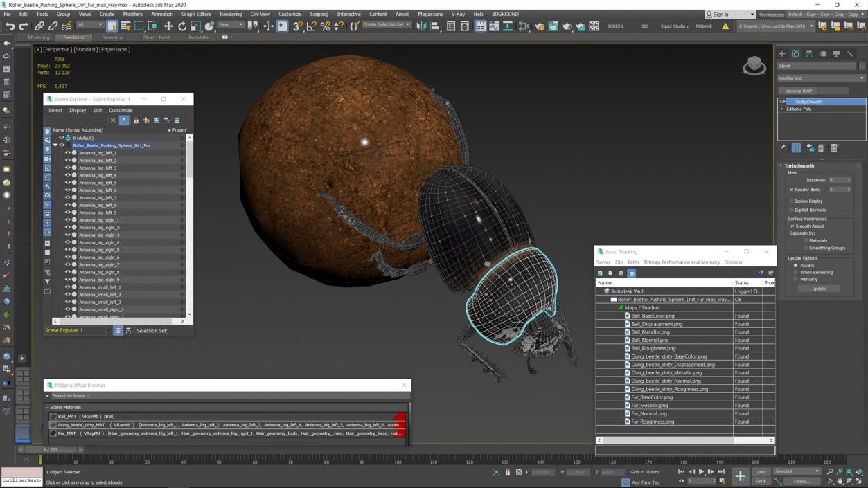 Roller Beetle Pushing Sphere Dirt Fur 3D