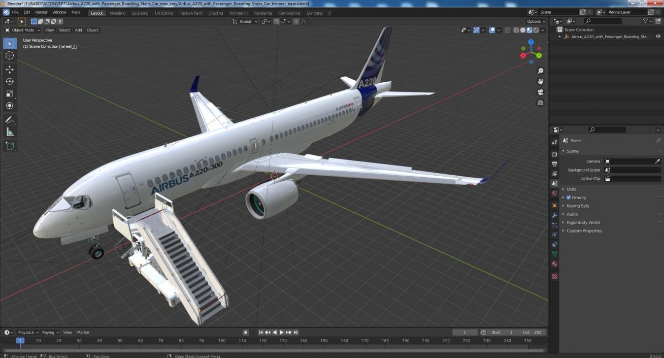 3D Airbus A220 with Passenger Boarding Stairs Car