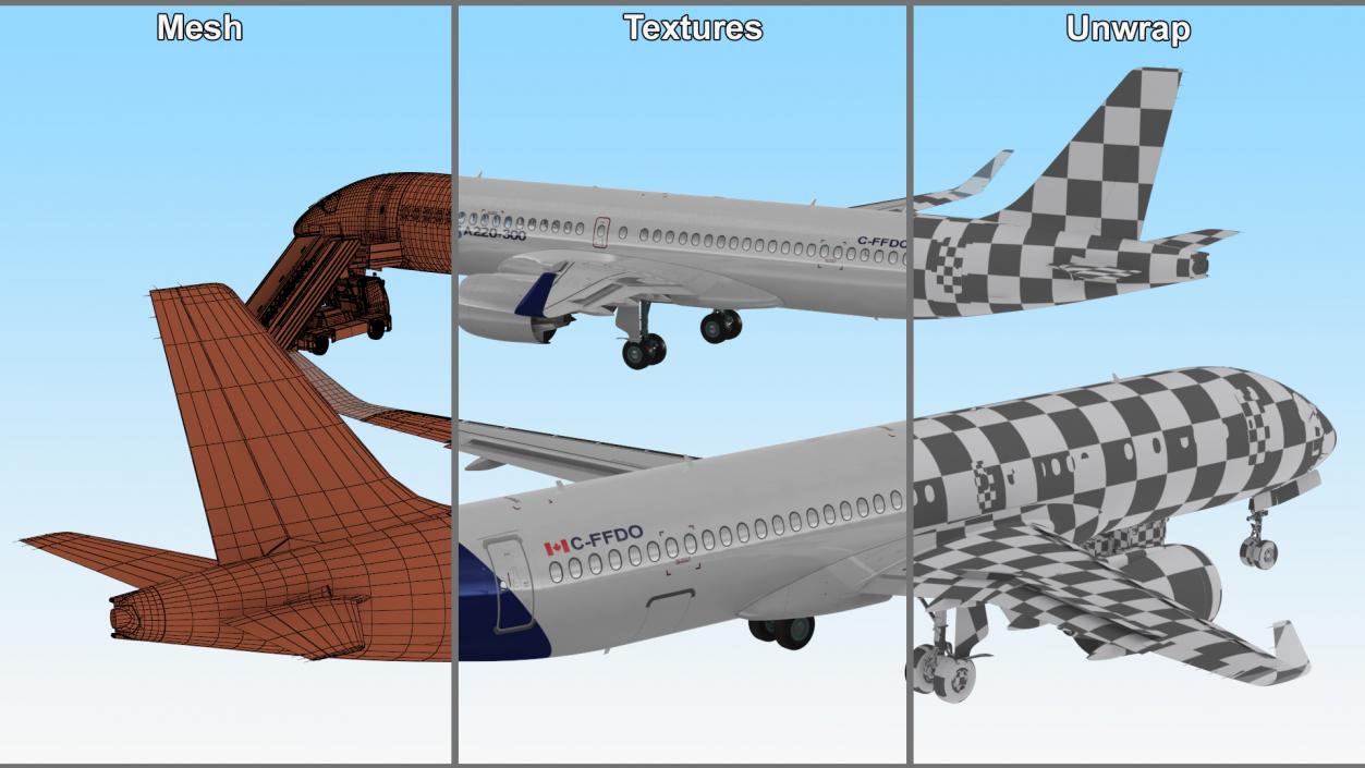 3D Airbus A220 with Passenger Boarding Stairs Car