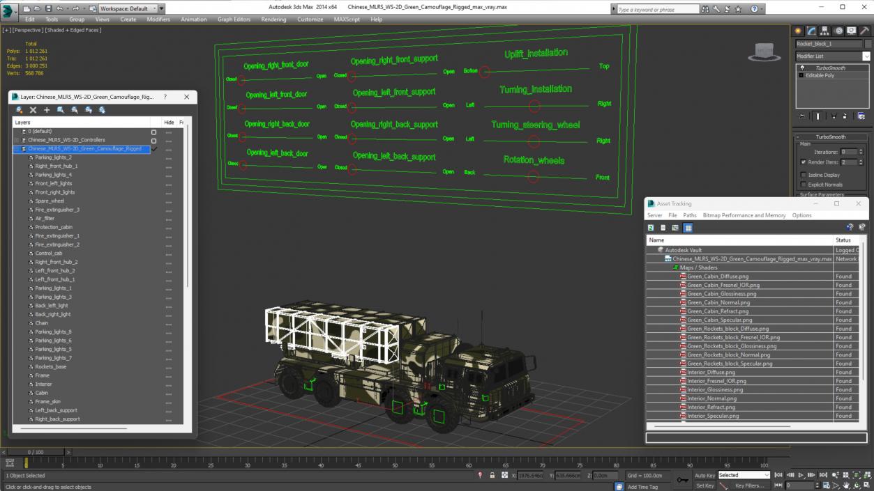 Chinese MLRS WS-2D Green Camouflage Rigged 3D